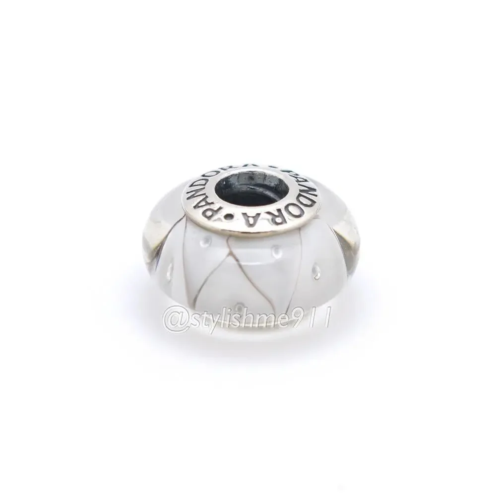 Authentic PANDORA Sterling Silver White Zig-Zag Murano Glass Bead Charm